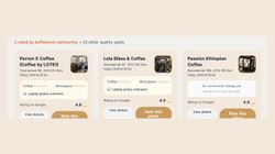 Café listings on Koffiework site showing ratings, reviews, and laptop policy details.
