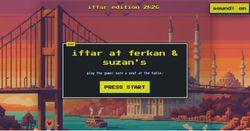 Full retro arcade game start screen labeled “iftar edition 2k26,” featuring pixel art boats, mosque silhouettes, sound toggle, and a prominent “press start” call to action.