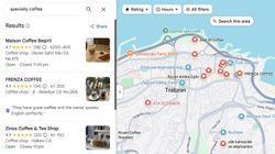 Google Maps search results showing specialty coffee shops in Trabzon with ratings and locations.