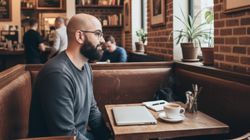Man with glasses and beard sitting in cozy café booth with laptop and coffee.