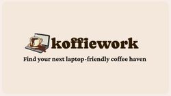 Logo of Koffiework with coffee cup on laptop and tagline about laptop-friendly cafés.