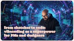 Person on a laptop with all kinds of code around him as if he's 'vibecoding'