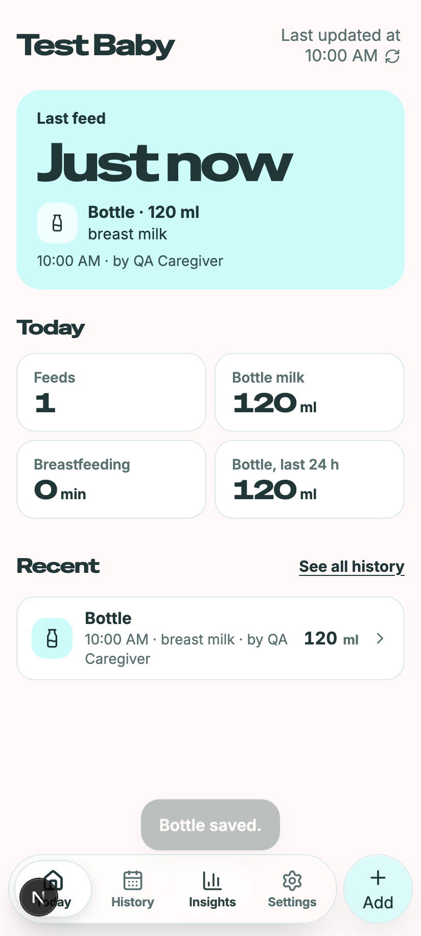 The Malikbaby mobile dashboard for the test household, showing a latest bottle feed, daily totals, recent activity, and the bottom navigation.