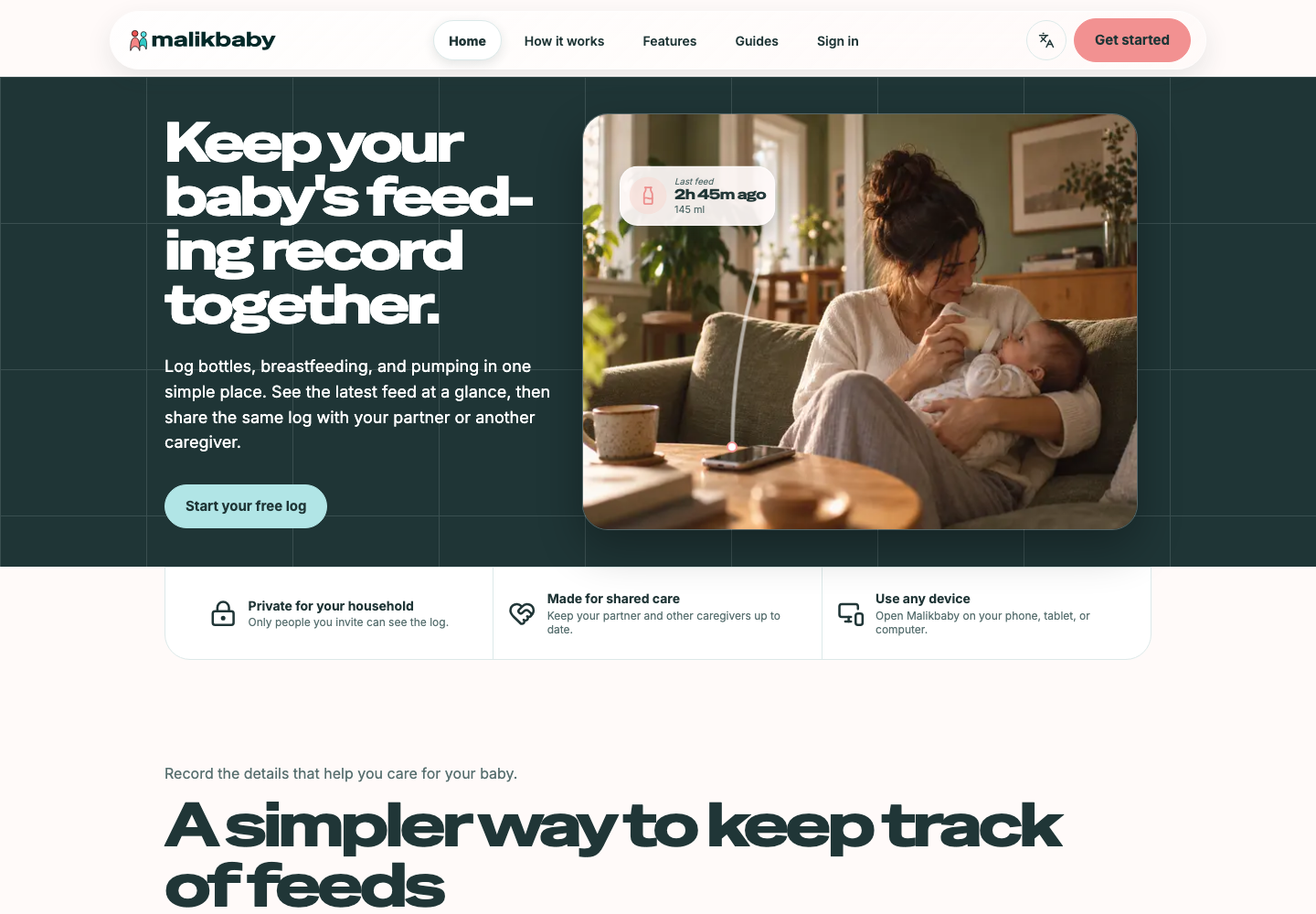 The Malikbaby landing page showing its shared feed-tracking message, a feeding photo, and a button to start a free log.