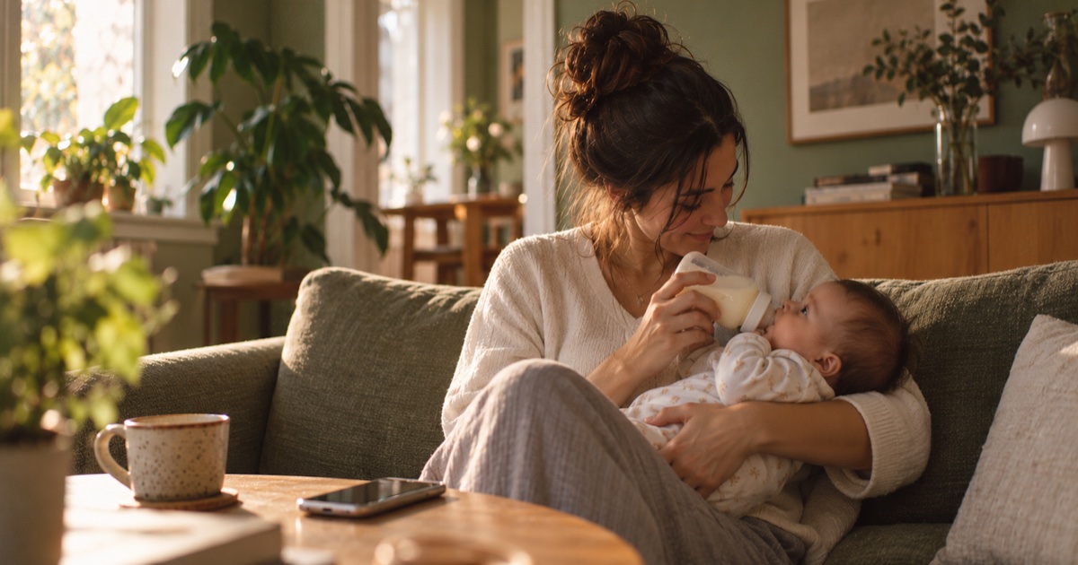 A parent bottle-feeding a baby on a sofa in a sunlit living room.