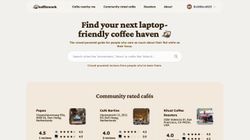 Homepage of Koffiework showing search bar and community-rated cafés from multiple cities.