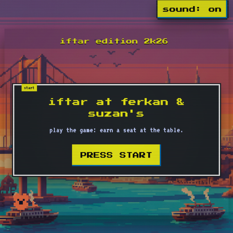 Retro arcade-style iftar signup game screen showing “iftar at ferkan & suzan’s,” a pixel art Istanbul skyline at sunset, and a large “press start” button.